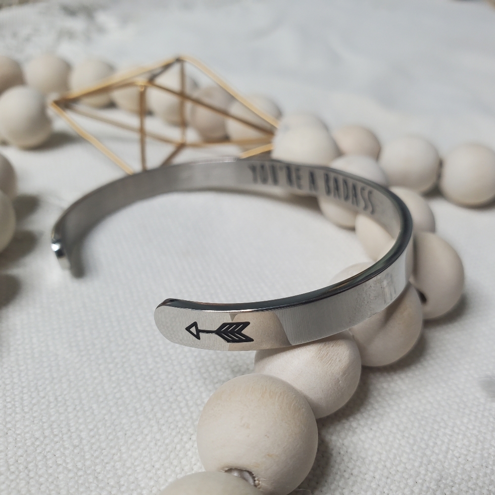 Engraved Quote Message Silver Bracelet You're A Badass Arrow